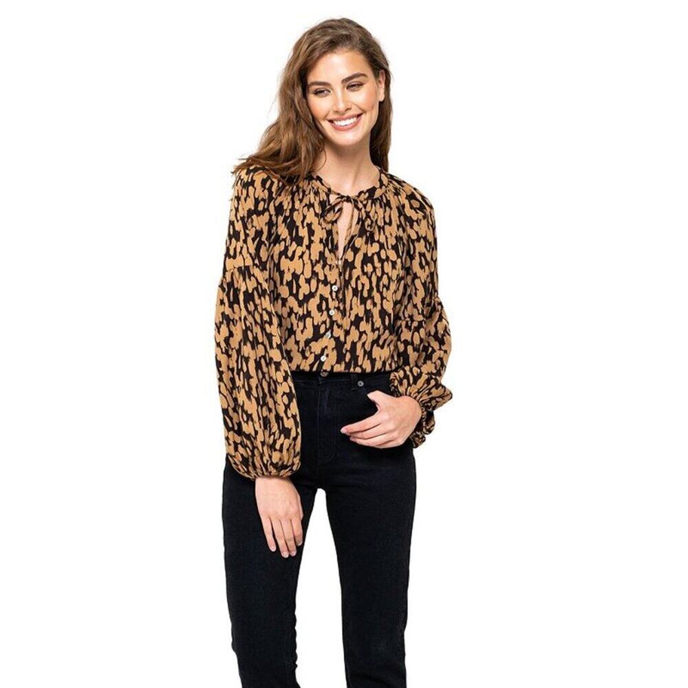 A242 • Animal Print Tie Neck Button-Front Blouse